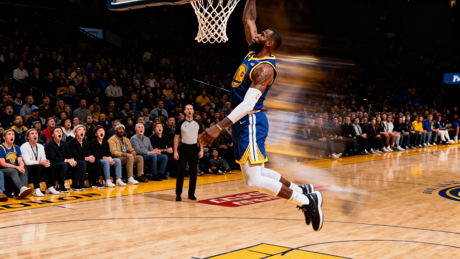NBA比赛中球员腾空而起完成单手劈扣的瞬间特写，篮筐在冲击下微微晃动，场边观众露出震惊表情，聚光灯照亮整个球场